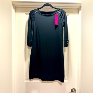 NWT Lilly Pulitzer her in the black dress with gold button details.